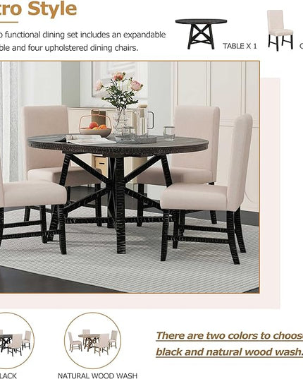 NicBex Round Dining Table for 4 Kitchen Table and Chairs 5-Piece Dining Set with Extendable Round Table with Removable Middle Leaf and 4 Upholstered Chairs, Black - LeafyLoom