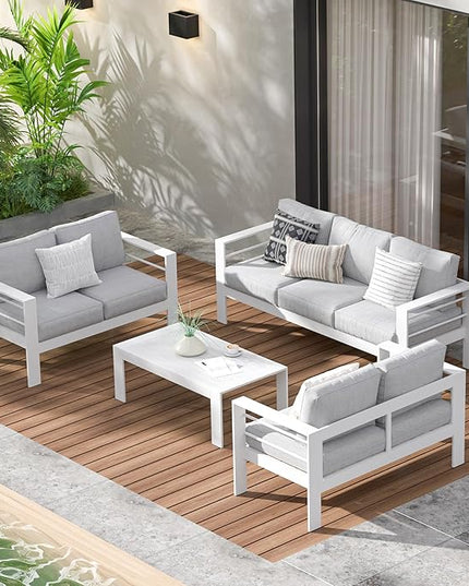 Wisteria Lane Aluminum Outdoor Patio Furniture Set, Modern Patio Conversation Sets, Outdoor Sectional Metal Sofa with 5 Inch Cushion and Coffee Table for Balcony, Garden, Light Grey - LeafyLoom
