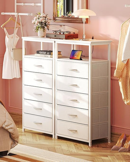 5 Drawers Dresser with Charging Station, Dresser for Bedroom, Tall Night Stand, Chest of Drawers with PU Leather Finish, Open Shelf, Bedside Table Nightstand, for Entryway, White - LeafyLoom