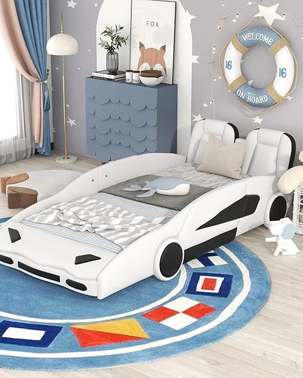 Twin Size Bed Frame for Kids, Race Car-Shaped Wooden Platform Bed with Guardrail and Upholstered Headboard, Wheels and Support Slats, for Boys Girls Child's Bedroom, No Spring Need (White) - LeafyLoom
