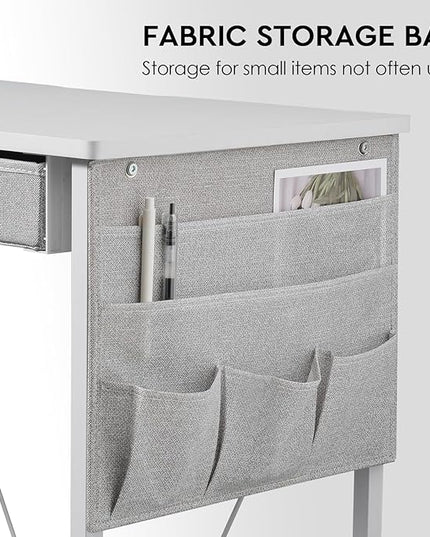 Small Desk with Drawers, 39" Corner Desk with Storage, Computer Desk with Shelves and Side Pouch, Study Table for Small Space with Storage, Corner L Shaped Desk for Home Office Bedroom, White - LeafyLoom