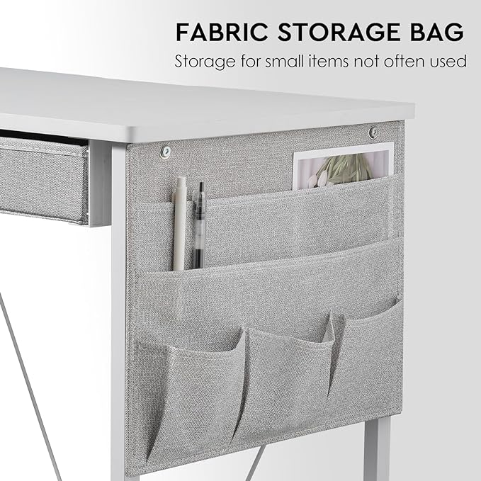 Small Desk with Drawers, 39" Corner Desk with Storage, Computer Desk with Shelves and Side Pouch, Study Table for Small Space with Storage, Corner L Shaped Desk for Home Office Bedroom, White - LeafyLoom