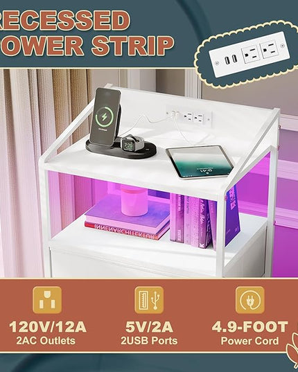 Nightstand 4 Drawer Dresser with LED Lights and Charging Station, Vertical Side Table with Fabric Drawers, End Table with Open Shelf, Tall Dresser for Bedroom, Hallway, Entryway, White - LeafyLoom