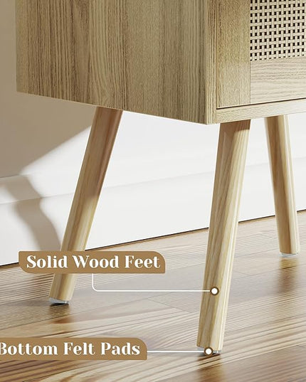 SUPERJARE Nightstand with Charging Station & Rattan-Like Decor Drawer, Rattan End Table with Solid Wood Feet, Bed Side Table with Open Storage, for Bedroom, Living Room, Dormitory - Natural - LeafyLoom