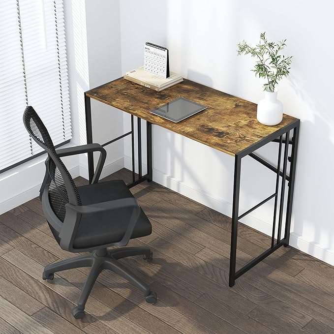 40 inch Folding Computer Desk, Writing Gaming Computer Camping Desk, No Assembly Required Home Office Table, Rustic Brown - LeafyLoom