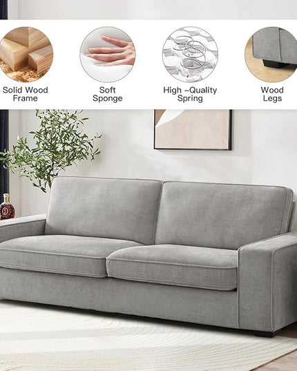 EASELAND Sofa Couch, 88" Chenille Loveseat for Living Room, 3 Seater Lounge Sofa for Bedroom with Removable Back and Seat Cushions, Modern Deep Seat Comfy Couch with Solid Wood Legs and Armrest (Grey) - LeafyLoom