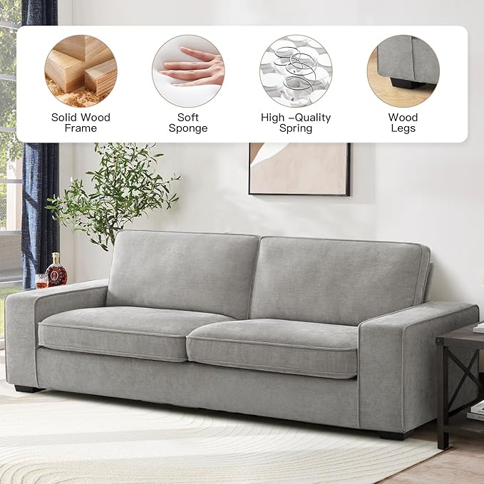 EASELAND Sofa Couch, 88" Chenille Loveseat for Living Room, 3 Seater Lounge Sofa for Bedroom with Removable Back and Seat Cushions, Modern Deep Seat Comfy Couch with Solid Wood Legs and Armrest (Grey) - LeafyLoom