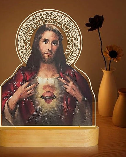 Catholic Gifts for Women, Sacred Heart of Jesus Picture Religious Gifts with Warm Yellow Light for Home Decor, Christian Inspirations Godly Blessed Birthday Gifts for Mother Grandma Men Lady - LeafyLoom