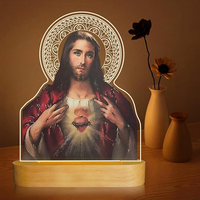 Catholic Gifts for Women, Sacred Heart of Jesus Picture Religious Gifts with Warm Yellow Light for Home Decor, Christian Inspirations Godly Blessed Birthday Gifts for Mother Grandma Men Lady - LeafyLoom