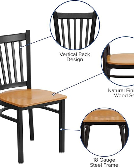 Flash Furniture HERCULES Series Black Vertical Back Metal Restaurant Chair - Natural Wood Seat - LeafyLoom
