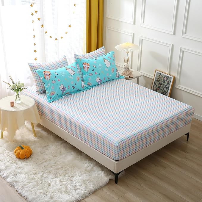 Cute Kids Cat Comforter Set Full Size 7 Piece Blue Rainbow Star Sun Heart Bed in A Bag Kawaii Animal Butterfly Fish Bedding Set for Girls Boys Teens Super Soft All Season - LeafyLoom