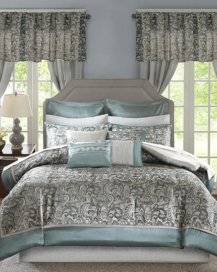 Madison Park 24 Piece Faux Silk Paisley Queen Comforter Set with Matching Curtains, Down Alternative Hypoallergenic - Teal - LeafyLoom