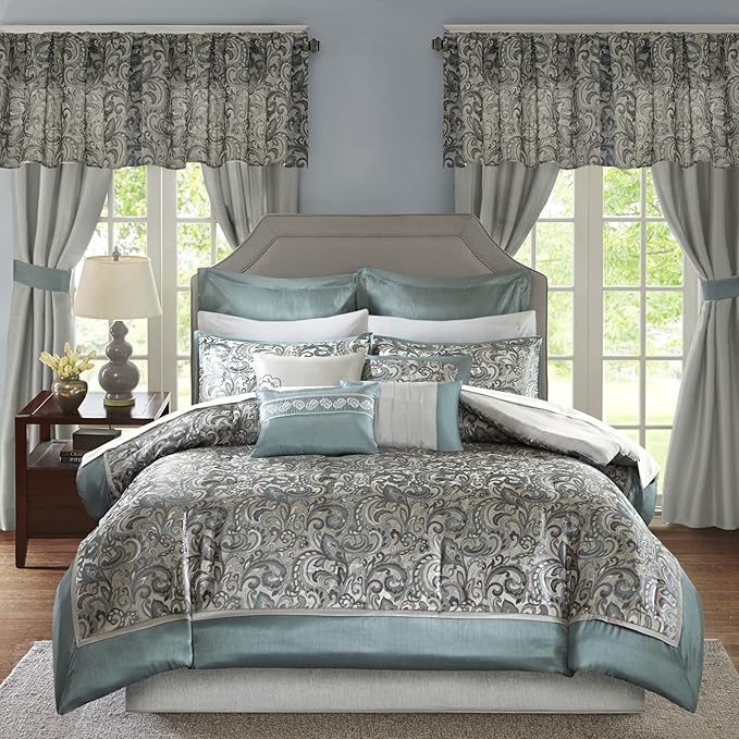 Madison Park 24 Piece Faux Silk Paisley Queen Comforter Set with Matching Curtains, Down Alternative Hypoallergenic - Teal - LeafyLoom