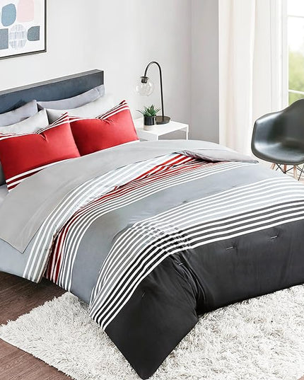 Comfort Spaces Queen Comforter Sets with Sheets - Bed in a Bag 9 Pieces Teen Bedding Sets Queen, Red and Grey Stripes Bedding Queen, College Queen Bed Set with 2 Side Pockets Bedroom Organizer - LeafyLoom