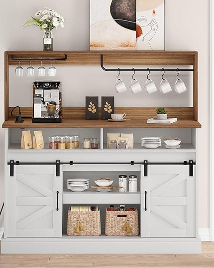 YITAHOME 52" Farmhouse Buffet Cabinet with Storage, Sliding Barn Door, Sideboard Cabinet with Goblet Holder, 5 Hooks and Power Outlets, Coffee Bar Cabinet for Kitchen, Living Room (White) - LeafyLoom