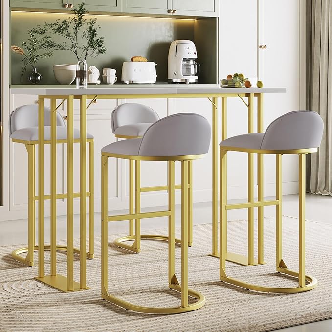 NicBex Small Dining Table Set for 4 Bar Table and Chairs Set Modern Gold White Table with 4 Velvet Cushion Bar Stools, Kitchen Counter High Top Table for Home & Kitchen, Grey+White - LeafyLoom