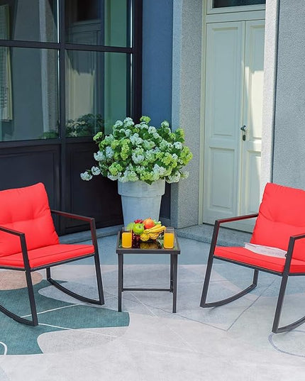 Greesum 3 Pieces Rocking Wicker Bistro Set, Patio Outdoor Furniture Conversation Sets with Porch Chairs and Glass Coffee Table, Red - LeafyLoom