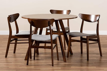 Baxton Studio Philip Mid-Century Modern Transitional Light Grey Fabric Upholstered and Walnut Brown Finished Wood 5-Piece Dining Set - LeafyLoom