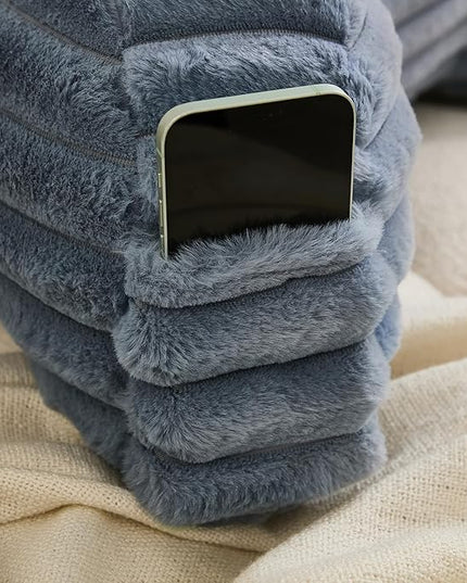 WERDIM Reading Pillow for Sitting in Bed, Faux Fur Back Pillow for Bed Rest, Bed Chair Pillow with Arms and Pockets(Standard, Dusty Blue) - LeafyLoom