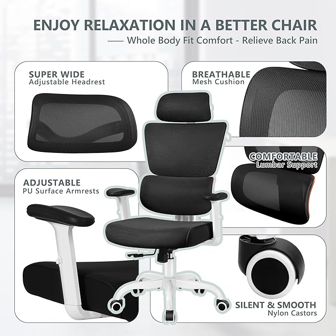 Office Chair Ergonomic Desk Chair, High Back Gaming Chair, Big and Tall Reclining chair Comfy Home Office Desk Chair Lumbar Support Breathable Mesh Computer Chair Adjustable Armrests(W-Orange) - LeafyLoom