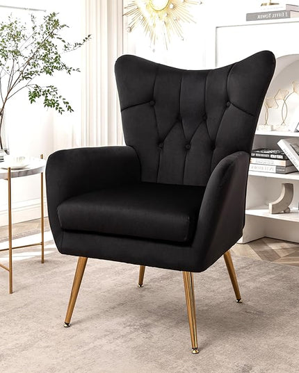 US Pride Furniture Modern Accent Chair with Ergonomic High Wingback, Microfiber Upholstered Armchair with Metal Legs for Living Room, Bedroom, Office or Vanity, Black - LeafyLoom