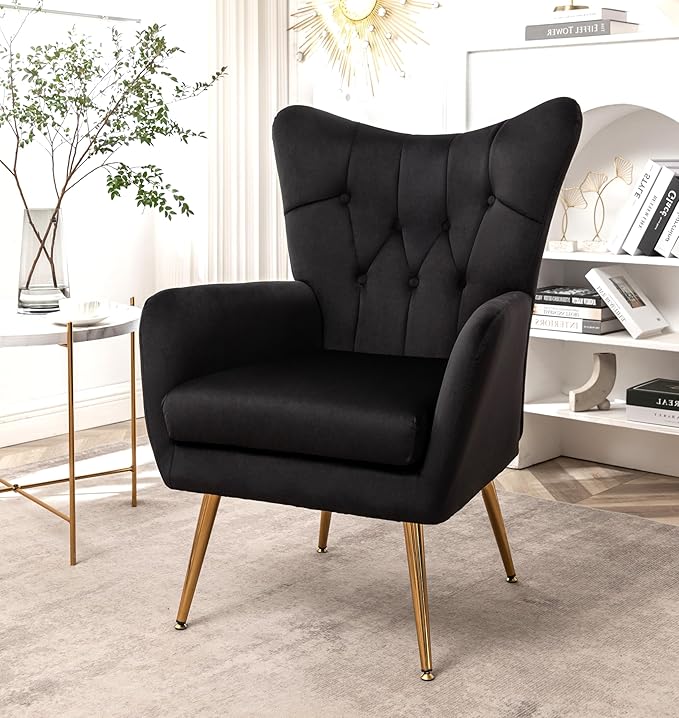 US Pride Furniture Modern Accent Chair with Ergonomic High Wingback, Microfiber Upholstered Armchair with Metal Legs for Living Room, Bedroom, Office or Vanity, Black - LeafyLoom