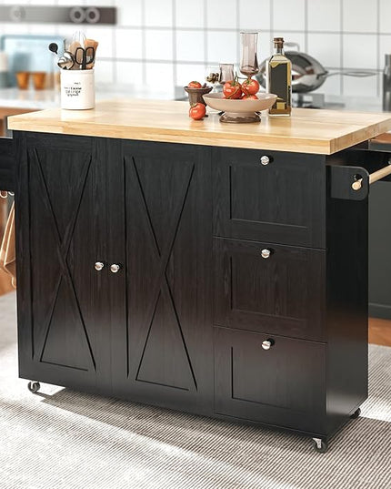 IRONCK Rolling Kitchen Island Cart with Drop-Leaf Countertop, Barn 3Drawers, Barn Door Style Cabine,Thicker Rubberwood Top, Spice Rack, on Wheels, for Kitchen and Dining Room, Black - LeafyLoom
