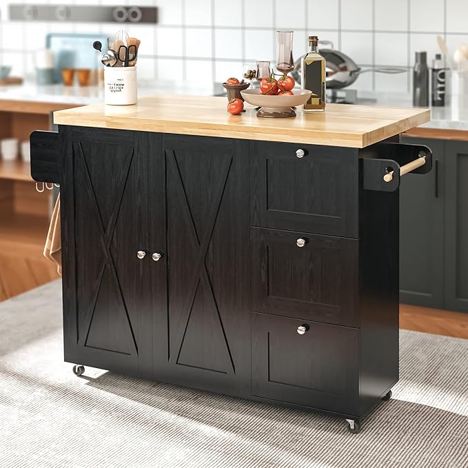 IRONCK Rolling Kitchen Island Cart with Drop-Leaf Countertop, Barn 3Drawers, Barn Door Style Cabine,Thicker Rubberwood Top, Spice Rack, on Wheels, for Kitchen and Dining Room, Black - LeafyLoom