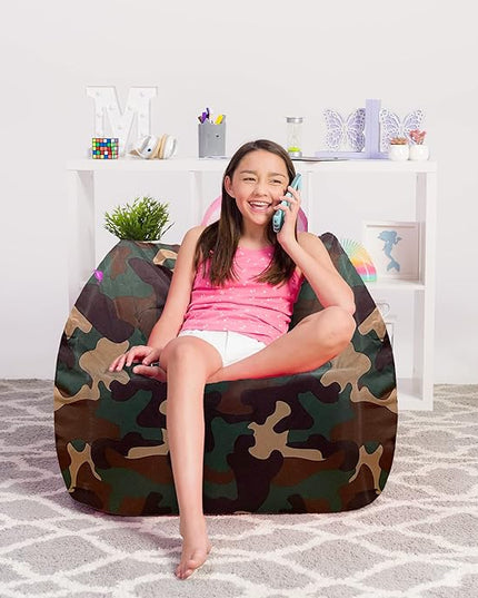 Posh Creations Structured Comfy Bean Bag Chair for Gaming, Reading and Watching TV, Coronado Chair, Nylon - Camo Green - LeafyLoom