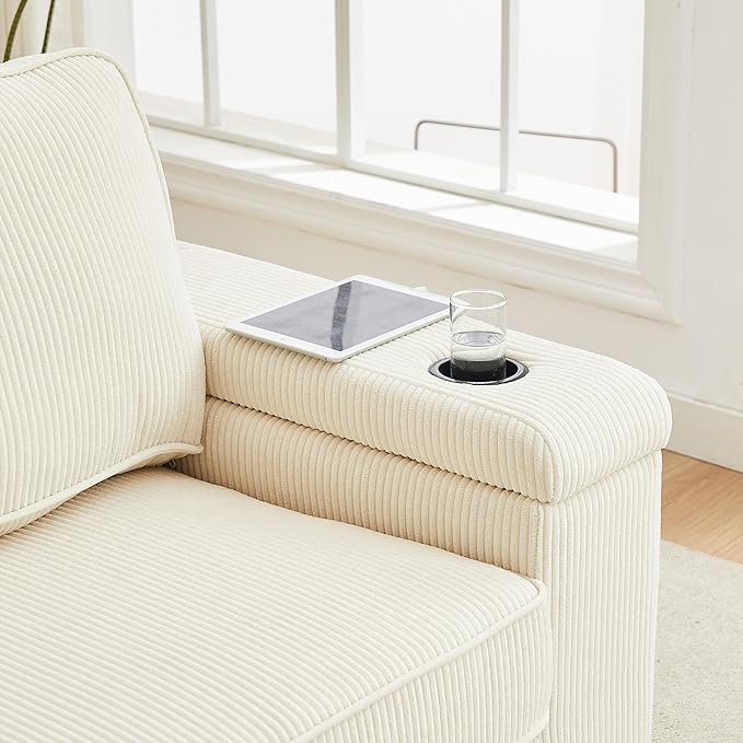 Modern Living Room Upholstered 3 Seater Sofa Couch Deep Seat Soft Corduroy Sofa&Couch with Storage Armrests, 2 Cupholders, Type-C and USB Charging Ports for Home, Apartment, Office - LeafyLoom