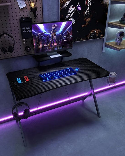 45IN Gaming Desk Gamer Table Carbon Fiber Surface Computer Table Gamer Desk with Monitor Shelf Office Home Study Desk Work PC Table Steel Legs Corner Desk Black - LeafyLoom