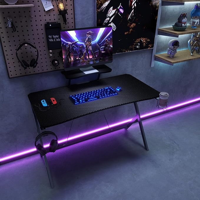 45IN Gaming Desk Gamer Table Carbon Fiber Surface Computer Table Gamer Desk with Monitor Shelf Office Home Study Desk Work PC Table Steel Legs Corner Desk Black - LeafyLoom