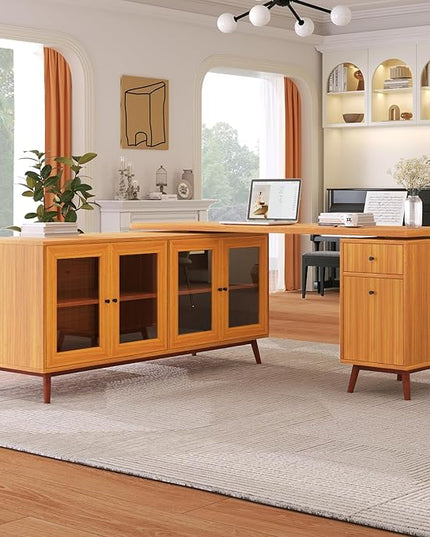 NicBex Laik-DW-00033-DX Desks, 66.53" W x 63.77" D x 30.31" H, Teak - LeafyLoom