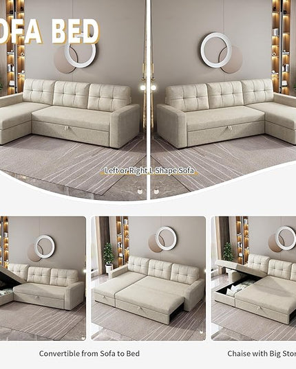 L Shaped Pull Out Couch Bed,Convertible Sectional Sleeper Sofa with Storage Chaise and 3 Removable Back Cushions for Living Room,Office,Apartment,Beige,81.5" - LeafyLoom