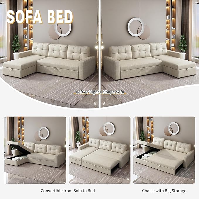 81.5" Sectional Sleeper Sofa with Storage Chaise, L Shaped Pull Out Couch Bed with 3 Removable Back Cushion for Living Room, Apartment,Office,Beige - LeafyLoom