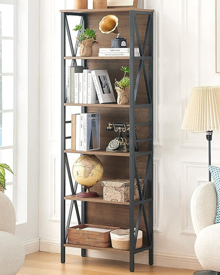 HOMISSUE Bookshelf, 6-Tier Bookshelf, Rustic Wood Metal Bookshelves and Bookcases, Freestanding Open Bookshelf, Industrial Tall Bookcase for Home Office, Living Room and Bedroom, Vintage Brown - LeafyLoom