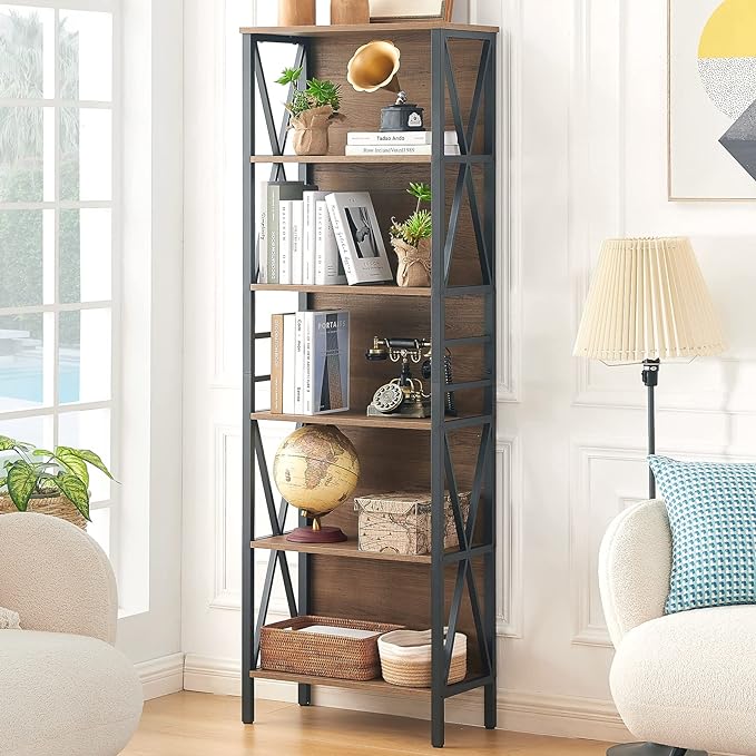 HOMISSUE Bookshelf, 6-Tier Bookshelf, Rustic Wood Metal Bookshelves and Bookcases, Freestanding Open Bookshelf, Industrial Tall Bookcase for Home Office, Living Room and Bedroom, Vintage Brown - LeafyLoom