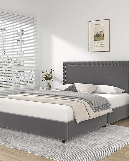 VECELO Full Size Upholstered Platform Bed Frame with 4 Storage Drawers, Adjustable Velvet Rivets Headboard, Wooden Slats Support, No Box Spring Needed, Easy Assembly - LeafyLoom