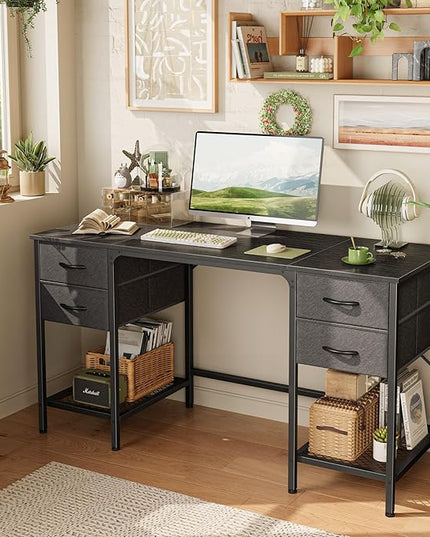 55 Inch Computer Desk with 4 Drawers, Office Desk with Mesh Shelf, Gaming Desk, Large Storage, Writing Desk Work Desk for Home Office, Study, Bedroom, Work from Home, Black - LeafyLoom