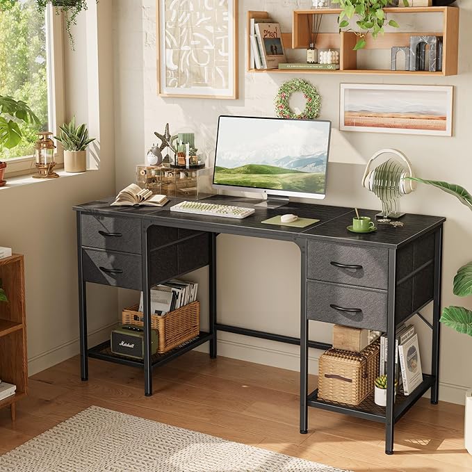 55 Inch Computer Desk with 4 Drawers, Office Desk with Mesh Shelf, Gaming Desk, Large Storage, Writing Desk Work Desk for Home Office, Study, Bedroom, Work from Home, Black - LeafyLoom