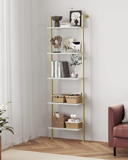 5-Tier Bookshelf Solid Wood Ladder Shelf, Narrow Book shelf Display Shelf, Wooden Ladder Shelf Bookcase, Wall Mount Ladder Shelf, Storage Rack for Living Room, Bedroom, Bathroom, White and Gold - LeafyLoom