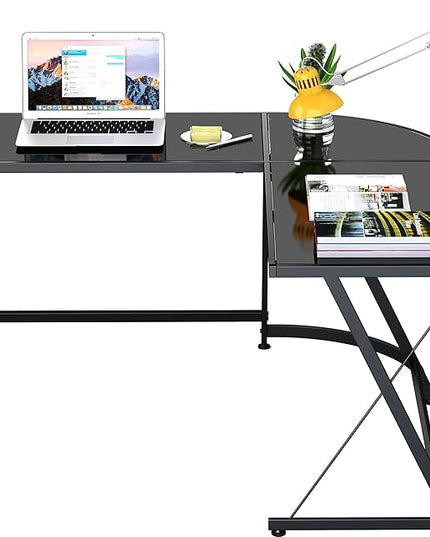 SHW Gaming Desk Computer L-Shape Corner Studio Table, Black, Glass Top - LeafyLoom