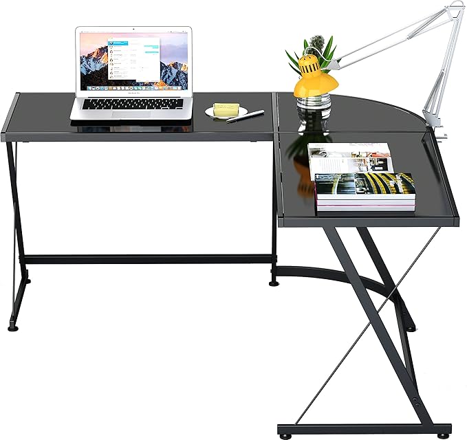 SHW Gaming Desk Computer L-Shape Corner Studio Table, Black, Glass Top - LeafyLoom
