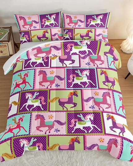 HOSIMA 3Pcs Kawaii Kids Horse Comforter Set with 2 Pillowcases,Colorful Dots Style Comforter for Adults Teens Princess Toddler Bedding Set,Horse Pony King Size Comforter Set. - LeafyLoom