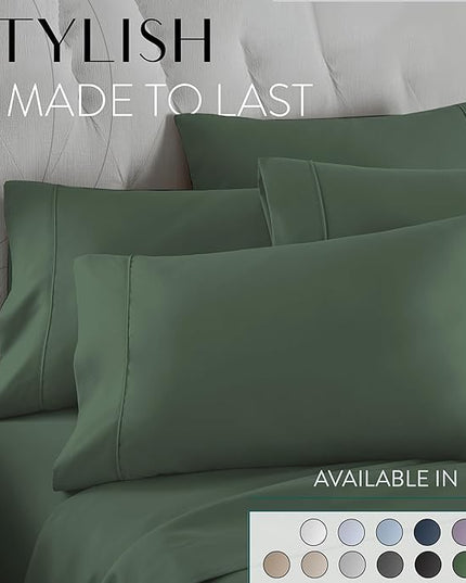 Danjor Linens King Size Sheets Set - 6 Piece Set Including 4 Pillowcases - Deep Pockets - Breathable, Soft Bed Sheets - Wrinkle Free - Machine Washable - Dark Sage King Bed Sheets - 6 pc - LeafyLoom