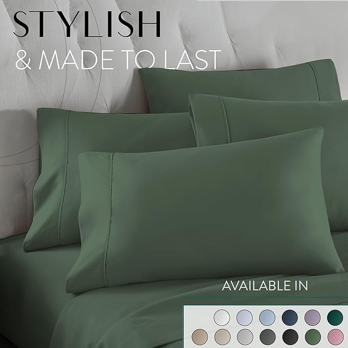 Danjor Linens King Size Sheets Set - 6 Piece Set Including 4 Pillowcases - Deep Pockets - Breathable, Soft Bed Sheets - Wrinkle Free - Machine Washable - Dark Sage King Bed Sheets - 6 pc - LeafyLoom