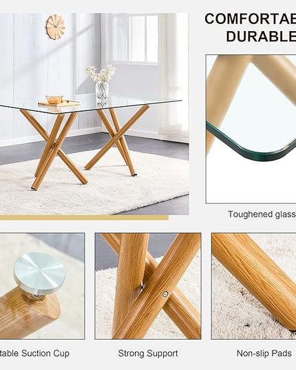Modern Glass Table with Rectangular Tempered Tabletop,Dinner Desk Set for 6-8 people W, Home,Kitchen,Dining Room,Office,Wood+Clear Finish, 71" Chrome Metal Legs - LeafyLoom