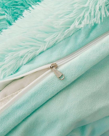 FOPPA Green fluffy Comforter Cover Set king- Ultra Soft fluffy green Bedding Sets 3 Pieces (1 Duvet Cover + 2 Pillow case) green fluffy bed set (Mint Green, King) - LeafyLoom