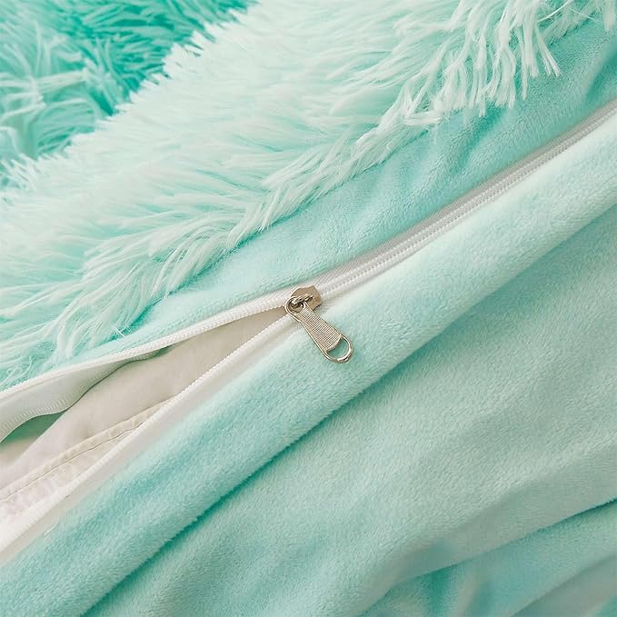 Fluffy mint green comforters Cover twin size - Ultra Soft Plush bedding Sets 2 Pieces (1 faux fur comforter Cover + 1 fuzzy pillow case) girls shaggy green twin bed set (Mint Green, Twin) - LeafyLoom