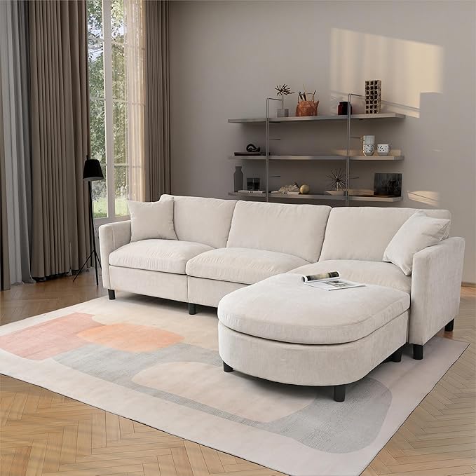 L Shaped Convertible Modular Sectional Couch with Movable Ottoman and Detachable Backrest , 4 Seater Reversible Corner Sofa ,Comfy Chenille Upholstered Sleeper Sofa&Couches for Living Room Office - LeafyLoom